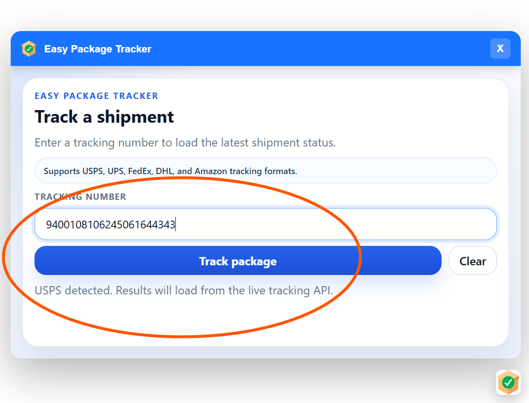 Easy Package Tracker widget showing USPS carrier detection