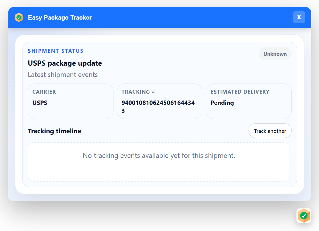 Easy Package Tracker widget showing live package tracking results